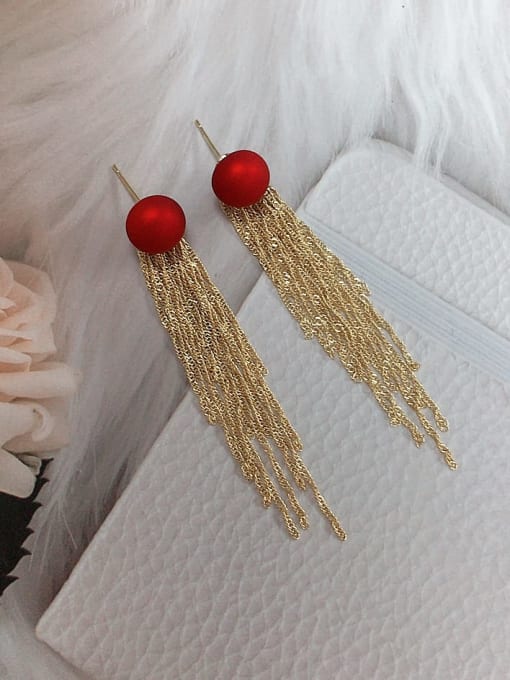 Red Brass Imitation Pearl Tassel Trend Threader Earring