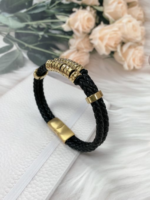 Gold Stainless steel Leather Round Trend Bracelet