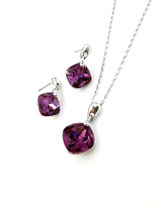 VIENNOIS Minimalist Square Zinc Alloy Glass Stone Purple Earring and Necklace Set 0