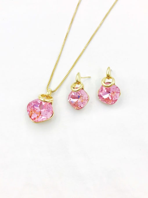 Pink Zinc Alloy Minimalist Square Glass Stone Blue Earring and Necklace Set