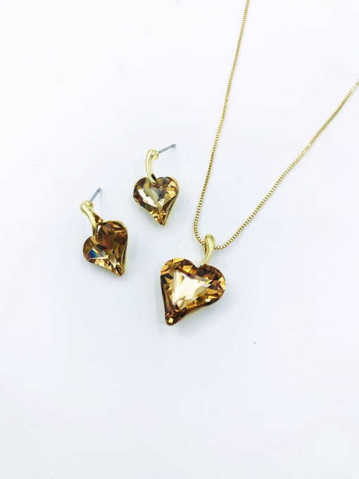 VIENNOIS Minimalist Heart Zinc Alloy Glass Stone Brown Earring and Necklace Set 0