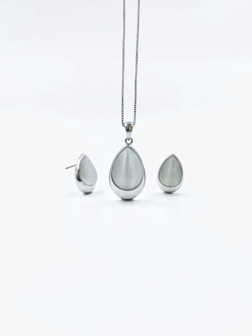 VIENNOIS Zinc Alloy Trend Water Drop Cats Eye White Earring and Necklace Set 0