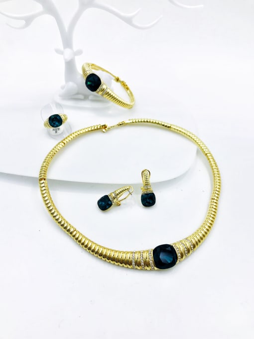 Blue Zinc Alloy Luxury Glass Stone Blue Ring Earring Bangle And Necklace Set