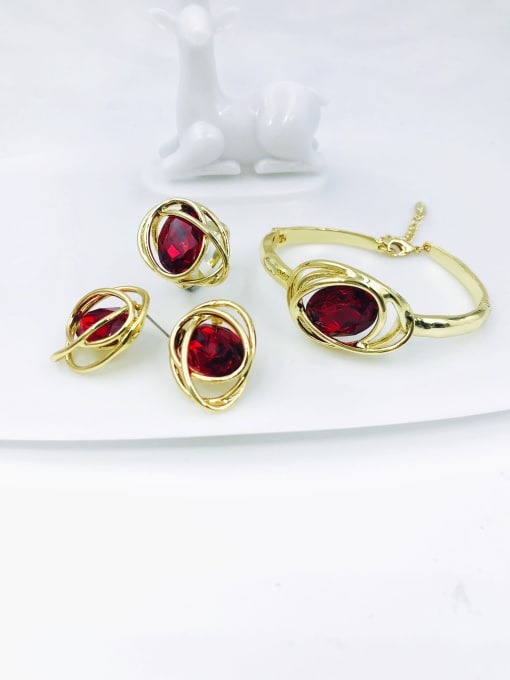 gold+red glass stone Zinc Alloy Glass Stone Red Trend Irregular  Ring Earring And Bracelet Set