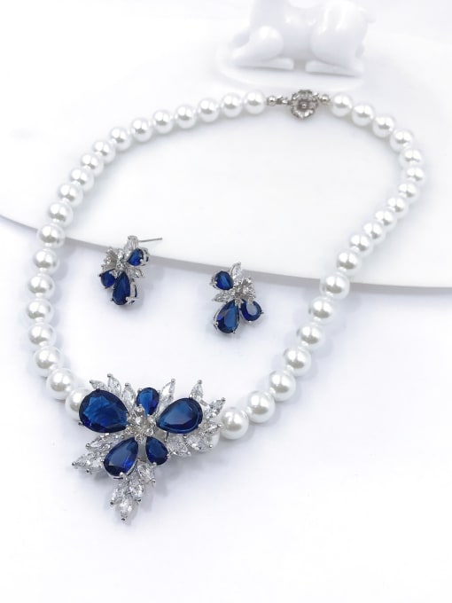 Blue Luxury Flower Brass Cubic Zirconia Blue Earring and Necklace Set