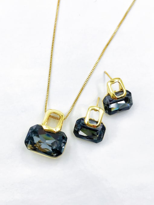 gold+black glass Zinc Alloy Trend Glass Stone Pink Earring and Necklace Set