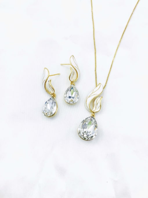 gold+clear stone Dainty Water Drop Zinc Alloy Glass Stone Champagne Enamel Earring and Necklace Set