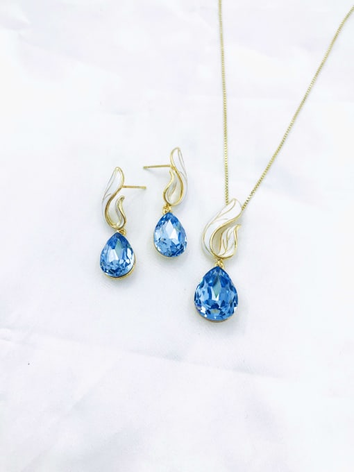 gold+blue stone Dainty Water Drop Zinc Alloy Glass Stone Champagne Enamel Earring and Necklace Set