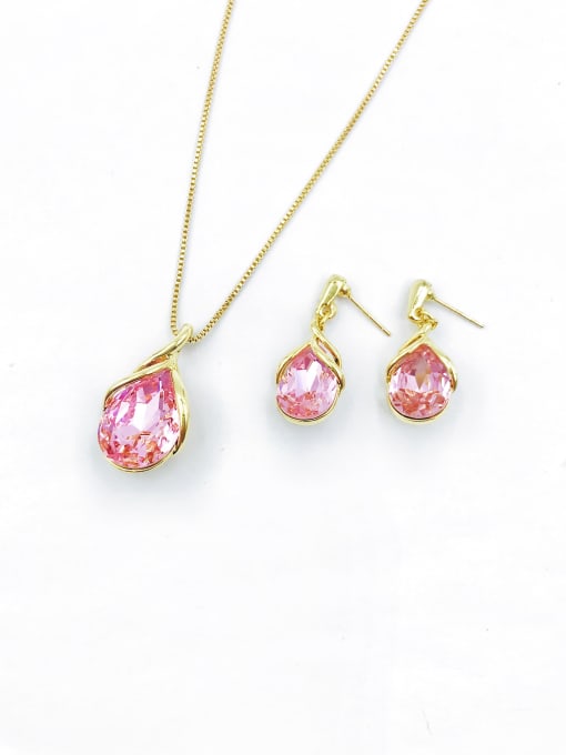 gold+pink glass Zinc Alloy Trend Water Drop Glass Stone Gold Earring and Necklace Set