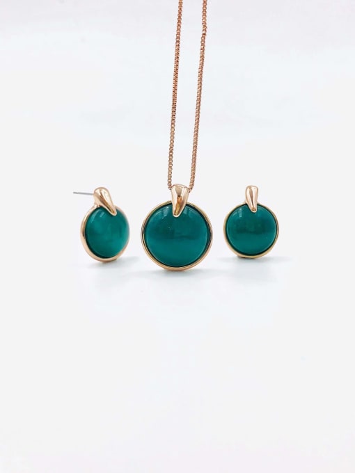 rose gold+green cat eye Zinc Alloy Minimalist Round Cats Eye White Earring and Necklace Set