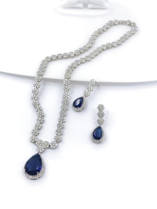 VIENNOIS Classic Water Drop Brass Cubic Zirconia Blue Earring and Necklace Set 0