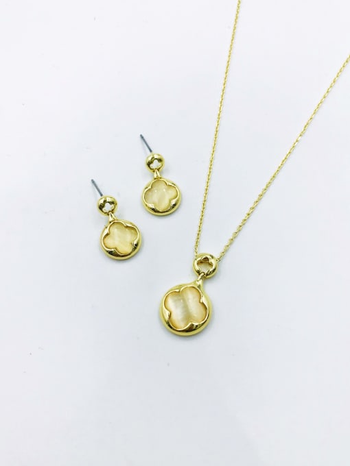 Gold Brass Trend Clover Cats Eye White Earring and Necklace Set
