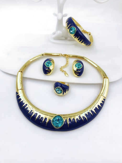 VIENNOIS Trend Zinc Alloy Glass Stone Blue Enamel Ring Earring Bangle And Necklace Set 0