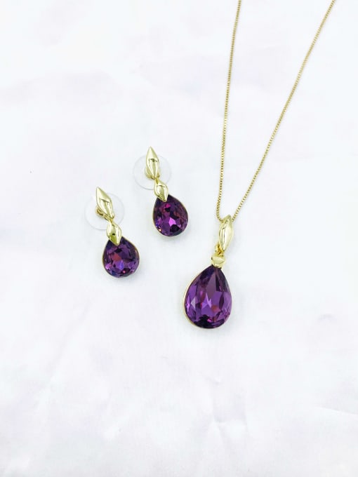 Purple Minimalist Water Drop Zinc Alloy Glass Stone Red Earring and Necklace Set