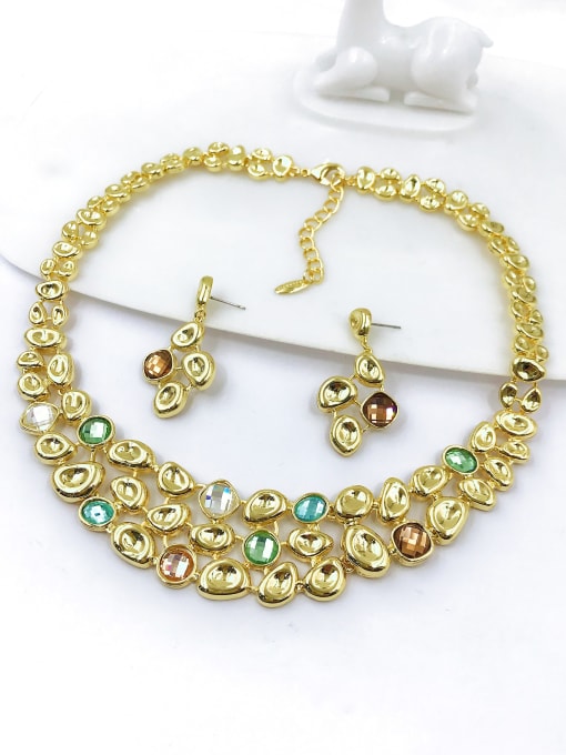 Gold Luxury Irregular Zinc Alloy Glass Stone Multi Color Earring and Necklace Set