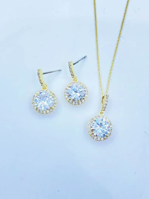 Gold Minimalist Round Brass Cubic Zirconia Clear Earring and Necklace Set