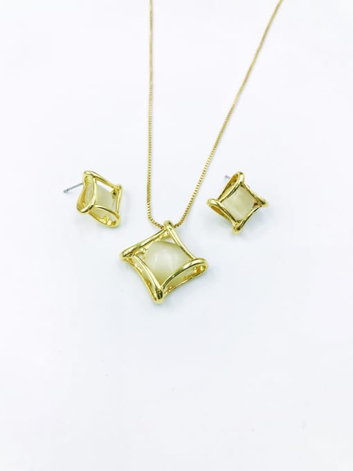 Gold Minimalist Square Zinc Alloy Cats Eye White Earring and Necklace Set