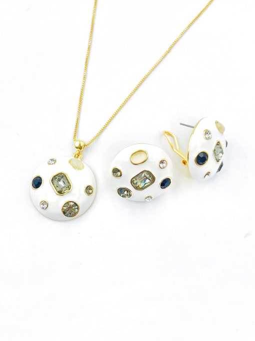 gold+black&gray&white stones Zinc Alloy Trend Round Glass Stone Multi Color Enamel Earring and Necklace Set