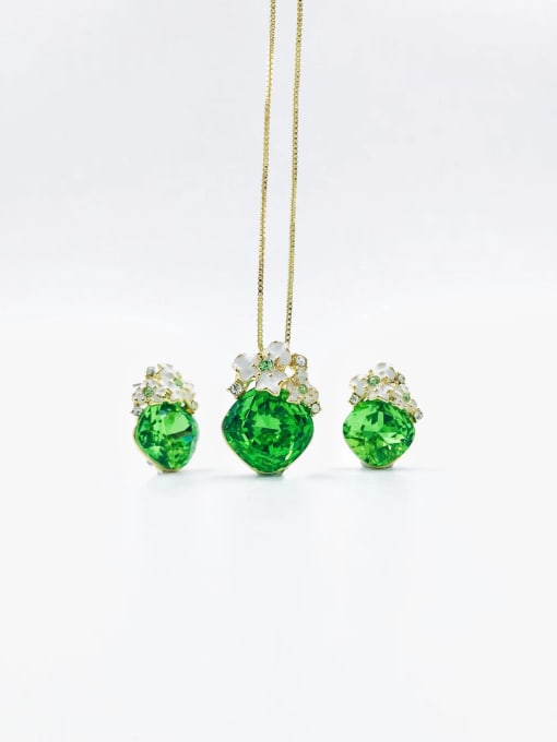 Green Zinc Alloy Dainty Square  Glass Stone Champagne Enamel Earring and Necklace Set