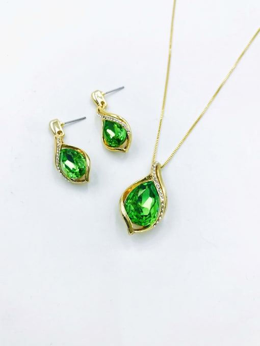 gold+green glass stone Zinc Alloy Trend Irregular Glass Stone Green Earring and Necklace Set