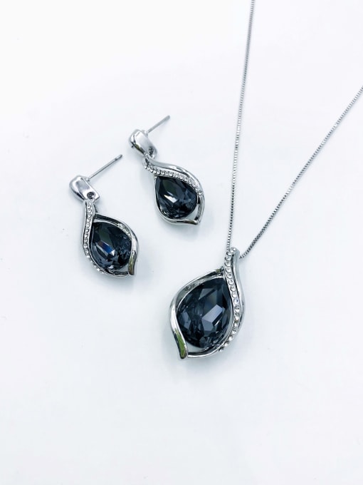 imitation rhodium+black glass stone Zinc Alloy Trend Irregular Glass Stone Green Earring and Necklace Set