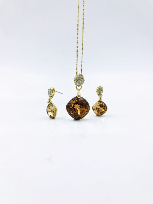 gold+brown glass Classic Square Zinc Alloy Glass Stone Orange Earring and Necklace Set