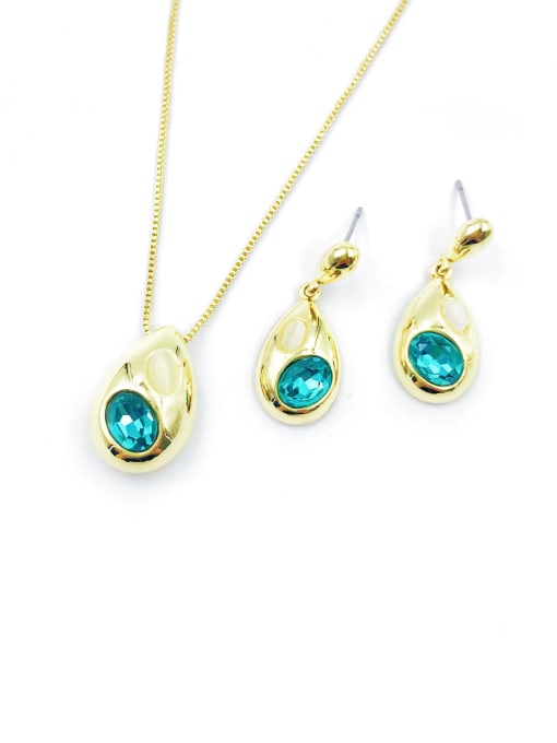 gold+blue glass+white cat eye Zinc Alloy Dainty Water Drop Glass Stone Blue Earring and Necklace Set