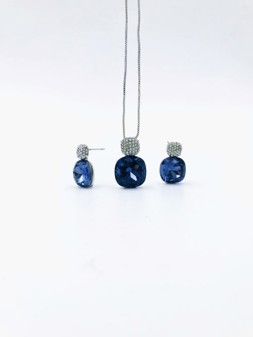 imitation rhodium+purple glass Classic Square Zinc Alloy Glass Stone Blue Earring and Necklace Set