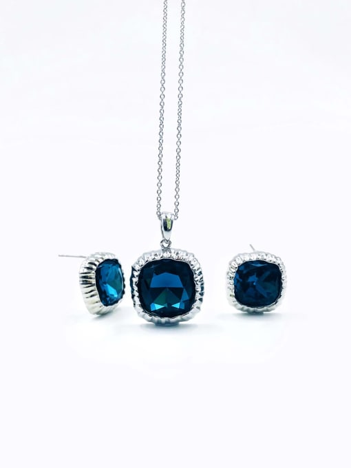 imitation rhodium+blue glass stone Zinc Alloy Minimalist Square Glass Stone Brown Earring and Necklace Set