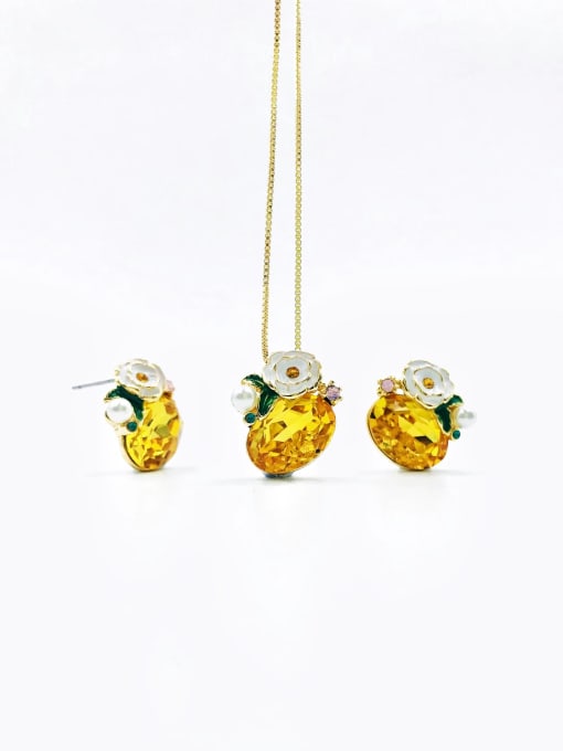 VIENNOIS Zinc Alloy Dainty Oval Glass Stone Yellow Enamel Earring and Necklace Set 0