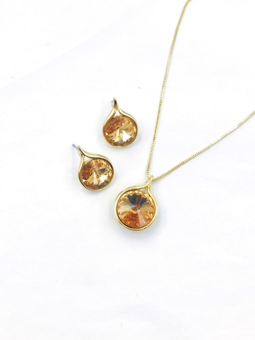 gold+golden glass Zinc Alloy Minimalist Water Drop Glass Stone Champagne Earring and Necklace Set