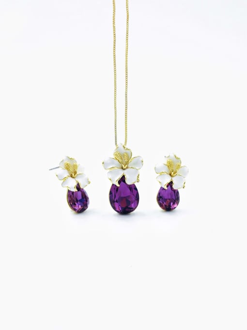 Purple Dainty Flower Zinc Alloy Glass Stone Purple Enamel Earring and Necklace Set