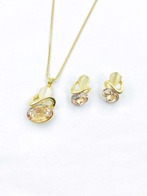 gold+champagne glass+white cat eye Zinc Alloy Trend Irregular Glass Stone Blue Earring and Necklace Set