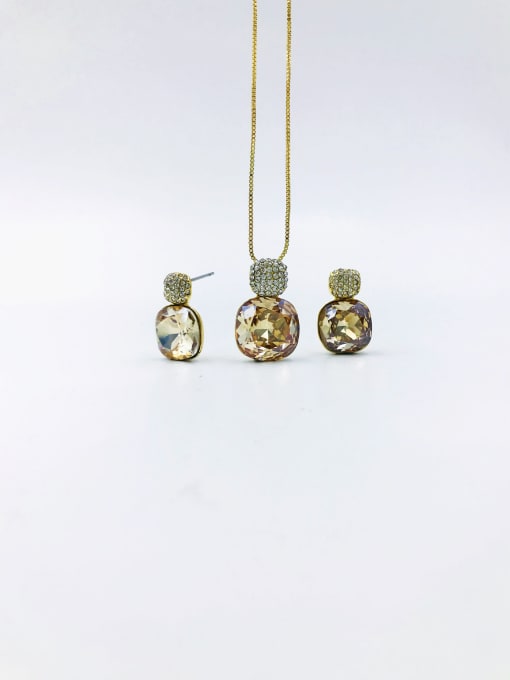 gold+champagne glass Classic Square Zinc Alloy Glass Stone Blue Earring and Necklace Set