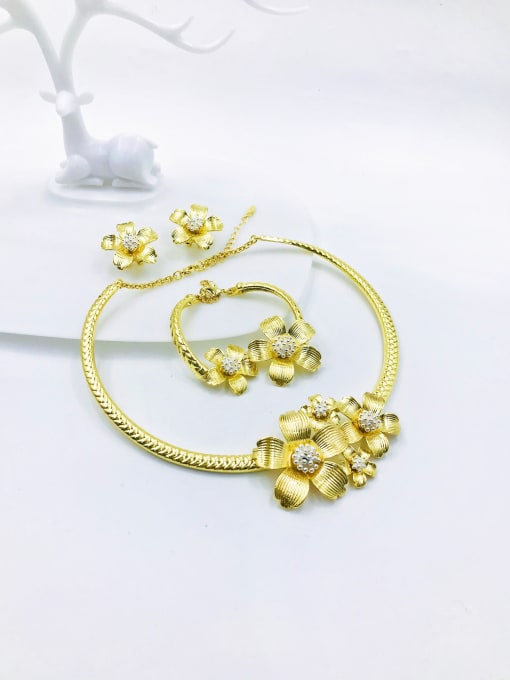 Gold+Imitation Rhodium Zinc Alloy Luxury Flower Bangle Earring and Necklace Set