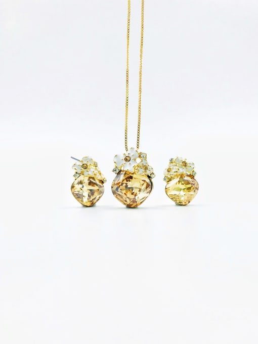 Champagne Zinc Alloy Dainty Square  Glass Stone Champagne Enamel Earring and Necklace Set
