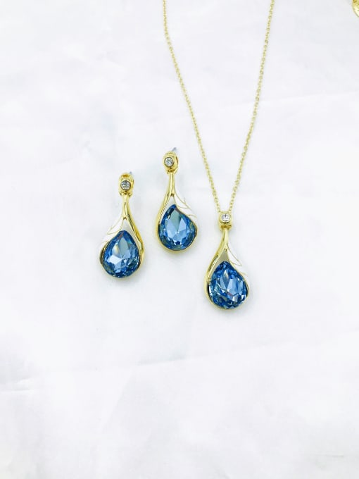gold+blue Trend Water Drop Zinc Alloy Glass Stone Blue Enamel Earring and Necklace Set