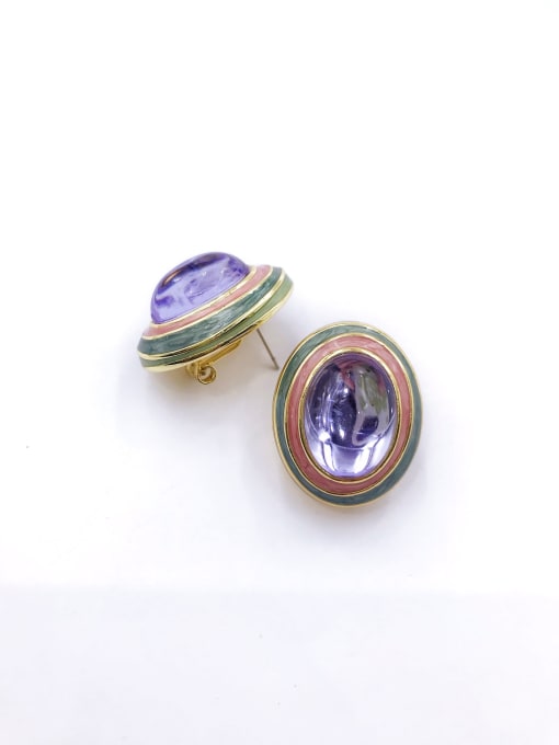gold+purple resin+pink&green Enamel Zinc Alloy Resin Green Enamel Oval Minimalist Clip Earring