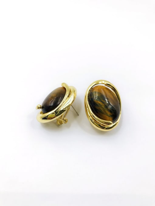 VIENNOIS Zinc Alloy Tiger Eye Brown Oval Luxury Clip Earring 0