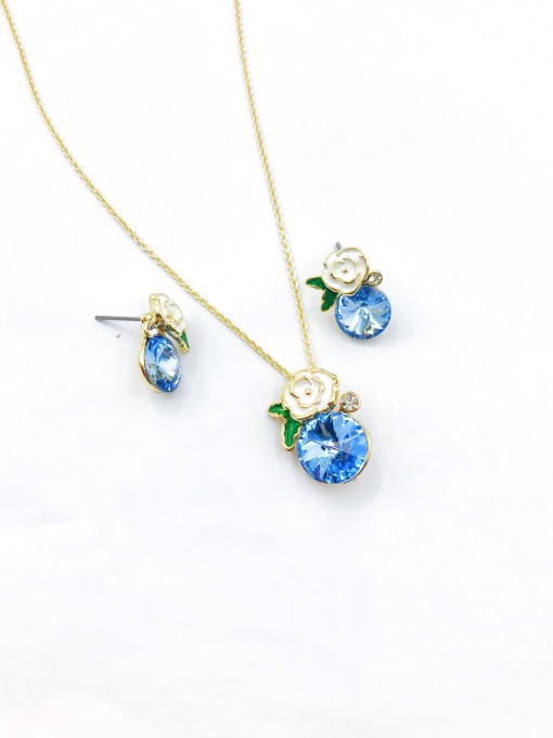 Blue Zinc Alloy Dainty Flower Glass Stone Green Enamel Earring and Necklace Set