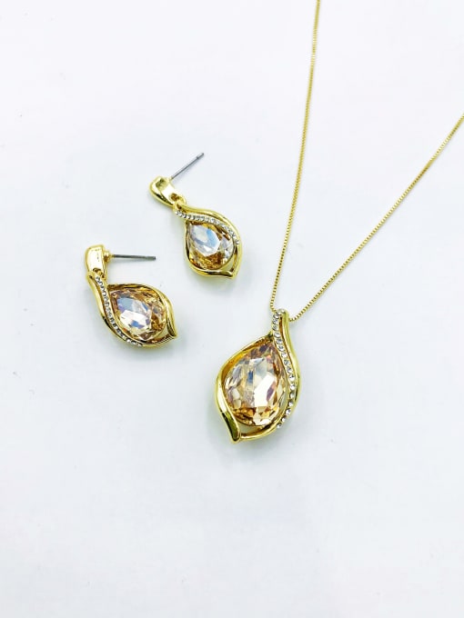 gold+champagne glass stone Zinc Alloy Trend Irregular Glass Stone Green Earring and Necklace Set
