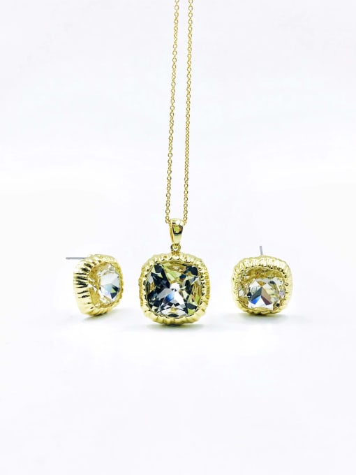 gold+white glass stone Zinc Alloy Minimalist Square Glass Stone Brown Earring and Necklace Set