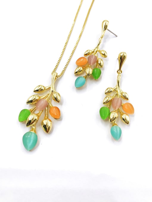 VIENNOIS Trend Leaf Zinc Alloy Cats Eye Multi Color Earring and Necklace Set 0