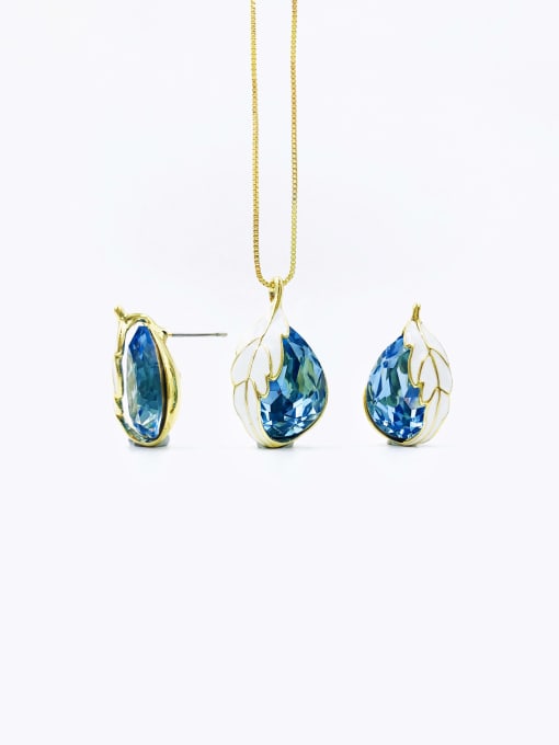 gold+blue stone Trend Water Drop Zinc Alloy Glass Stone Blue Enamel Earring and Necklace Set