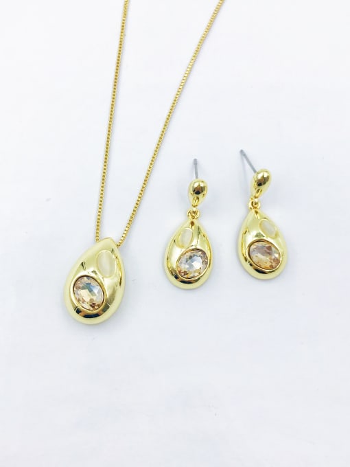 gold+champagne glass+white cat eye Zinc Alloy Dainty Water Drop Glass Stone Blue Earring and Necklace Set