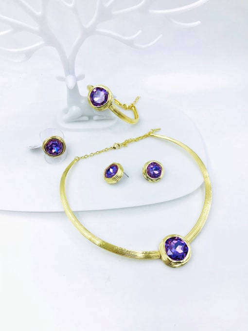 Purple Zinc Alloy Minimalist Round Glass Stone Purple Ring Earring Bangle And Necklace Set