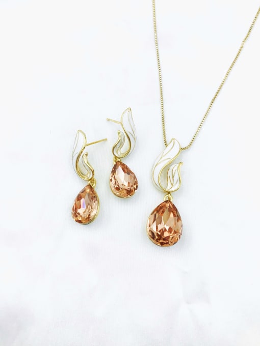 Gold+Champagne stone Dainty Water Drop Zinc Alloy Glass Stone Champagne Enamel Earring and Necklace Set