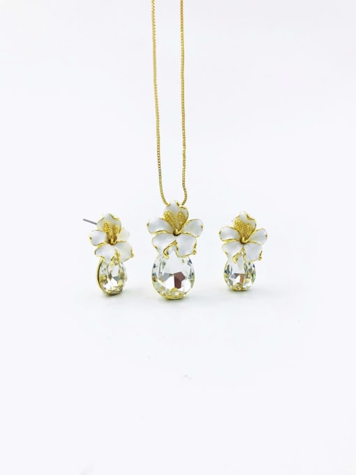 Clear Dainty Flower Zinc Alloy Glass Stone Purple Enamel Earring and Necklace Set