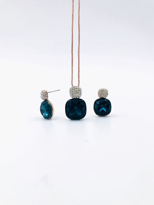 rose gold+blue glass Classic Square Zinc Alloy Glass Stone Blue Earring and Necklace Set