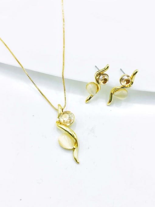 gold+champagne glass+white cat eye stone Zinc Alloy Minimalist Water Drop Cats Eye Green Earring and Necklace Set